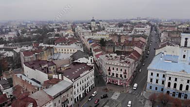 Aerial view of central part and city hall of beautiful ancient Ukrainian city Chernivtsi with its streets, old