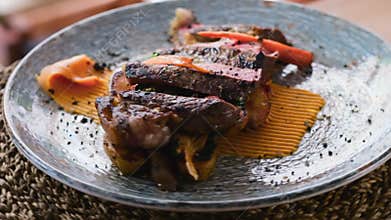 Medium rare steak close up view