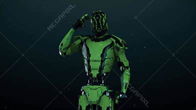 Futuristic Humanoid Warrior Cyborg Robot Giving Army Salute 4k