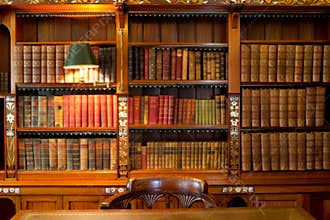 Library shelves and table