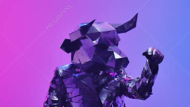 Shiny bull in costume made of mirrors dancing robot dance on neon blue pink studio background. Symbol of 2021, bull
