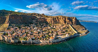 Aerial view of the old medieval castle town of Monemvasia in Lakonia of Peloponnese, Greece. Often called
