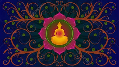 Buddhist Spiritual Symbol Meditating Buddha Position Silhouette Inside Padma Lotus Flower With Curly Vines And Flourishes
