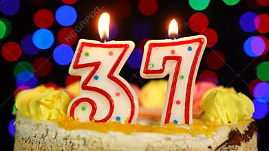 Number 37 Happy Birthday Cake Witg Burning Candles Topper.
