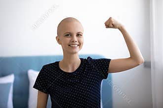 Portrait of smiling cancer patient show strength beat disease