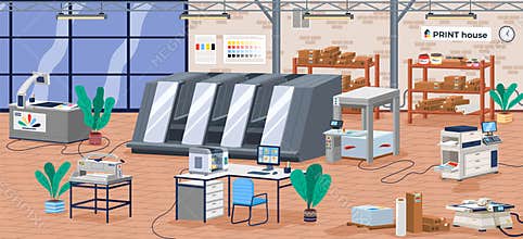 Printing house facility offset production line industrial equipment isometric vector illustration