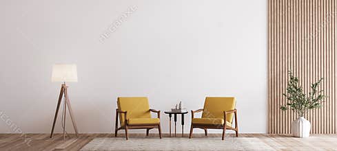 Living room design with empty wall mockup, two wooden chairs on white wall