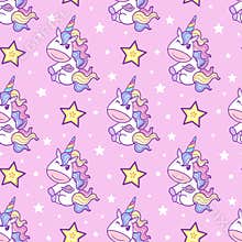 Seamless pattern with unicorn on a pink background. Vector
