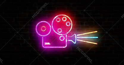 Cinema projector and camera symbol neon on brick wall