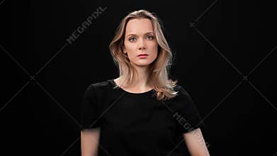 Portrait of tired woman upset suffering headache migraine posing isolated. 4k Dragon RED camera