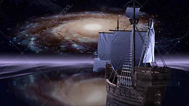 Old tall sailing ship on the mirror ocean reflecting a galaxy and stars in the night - 3D illustration