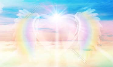 Spiritual guidance, Angel of light and love doing a miracle on sky, rainbow angelic wings
