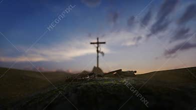 Crucifixion of Jesus Christ with thorn crown, nails, hammer and a rope against beautiful sunrise, til