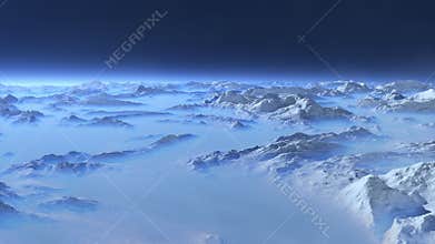 Frozen planet. Flight over alien landscape