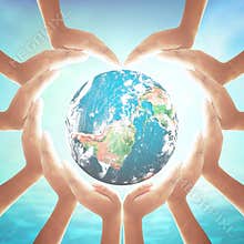 Hands Together Community Circle Forming Heart Around Globe for Corporate Social Responsibility