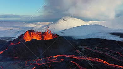 4K Drone aerial video of Iceland Volcanic eruption 2021. The volcano Fagradalsfjall is located in the valley