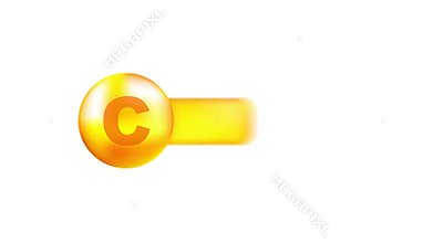 Vitamin C with realistic drop on gray background. Particles of vitamins in the middle. Motion graphics.