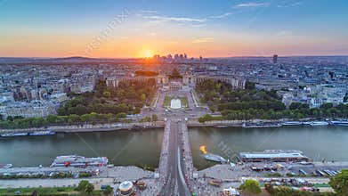 Sunset over Trocadero timelapse with the Palais de Chaillot seen from the Eiffel Tower in Paris, France.