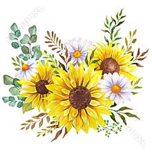 Watercolor wildflowers bouquet, hand painted sunflower bouquets, sunfower flower arrangement. Wedding invitation clipart elements.