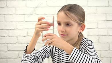 Child Drinking Water, Kid Drinks Fresh Water from Glass, Thirsty Blonde Girl in Kitchen, Children Healthcare