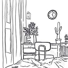 Freehand sketch black white interior sketch work table in bed room.