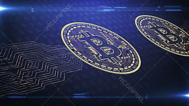 Bitcoin digital money abstract animation in digital cyberspace