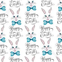 Easter repeat pattern with cute cartoon bunny faces and hand lettering happy Easter text, watercolor Easter illustration
