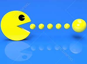 3d pacman videogame in action eats balls