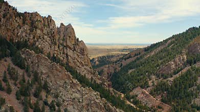 Aerial drone shot of mountain canyon with many trees