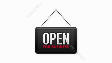 Card for flyer design. Red ribbon. Coronavirus protection sign. Flat style. Sale banner badge. Black open for business