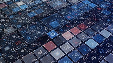 icons on business theme. Animation. Futuristic background with electronic panel of squares with icons. Icons with images