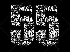 Happy 55th birthday word cloud, holiday concept background