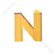 Spaghetti alphabet. Letter N made of natural pasta, white cut paper. Typeface for grocery products store. Italian Food