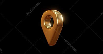 Gold locator mark of map and location pin or navigation icon sign on black background with search concept. 3D rendering.