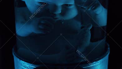 Human baby in a female womb. Embryo development during pregnancy. Imitation with a doll.