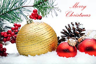 Decorative Christmas balls, strobile and holly