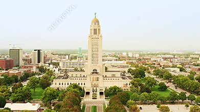 Slow camera approach towards of Nebraska State Capitol