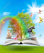 Magic book with a green tree and diferent animals