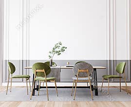 Interior design of modern dining room with green furniture, black and white table, contemporary style