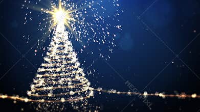 Christmas tree animation with lights particles and snowflakes on blue