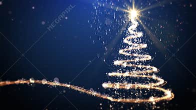 Christmas tree animation with lights particles and snowflakes on blue