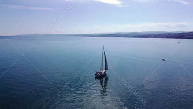 Aerial view of leisure yacht near Playa de Cristo beach in Estepona, Spain