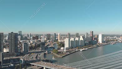 Drone footage of a slow right pan of the city of Rotterdam, Netherlands and it\'s water channel on a sunny day.