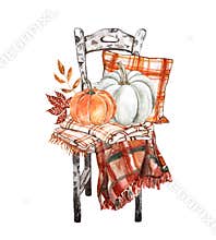 Autumn arrangement, watercolor painting. Pillow with buffalo plaid ornament, warm blanket, pumpkins on a birch chair. Cozy autumn