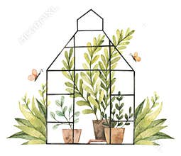 Hand drawn watercolor illustration - Greenhouse with plants, greenery, leaves, pots, tools, butterfly