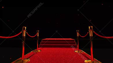 3d animation of long red carpet between rope barriers with stair at the end.