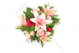 Wedding Bouquet Lily Rose: Beautiful Bridal Floral Arrangement With Pink Stargazer Lilies And Red Roses For Marriage Ceremony
