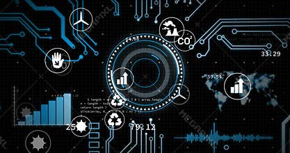 Animation of network of eco and environmentally friendly icons over data processing