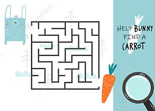 Vector hand drawn cute funny kids maze. Help bunny find a carrot. Educational mini-game for children. Help find right