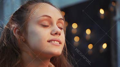 happy girl teen child closed her eyes dream. teenage kid wants a dream come true portrait at sunset relax. woman